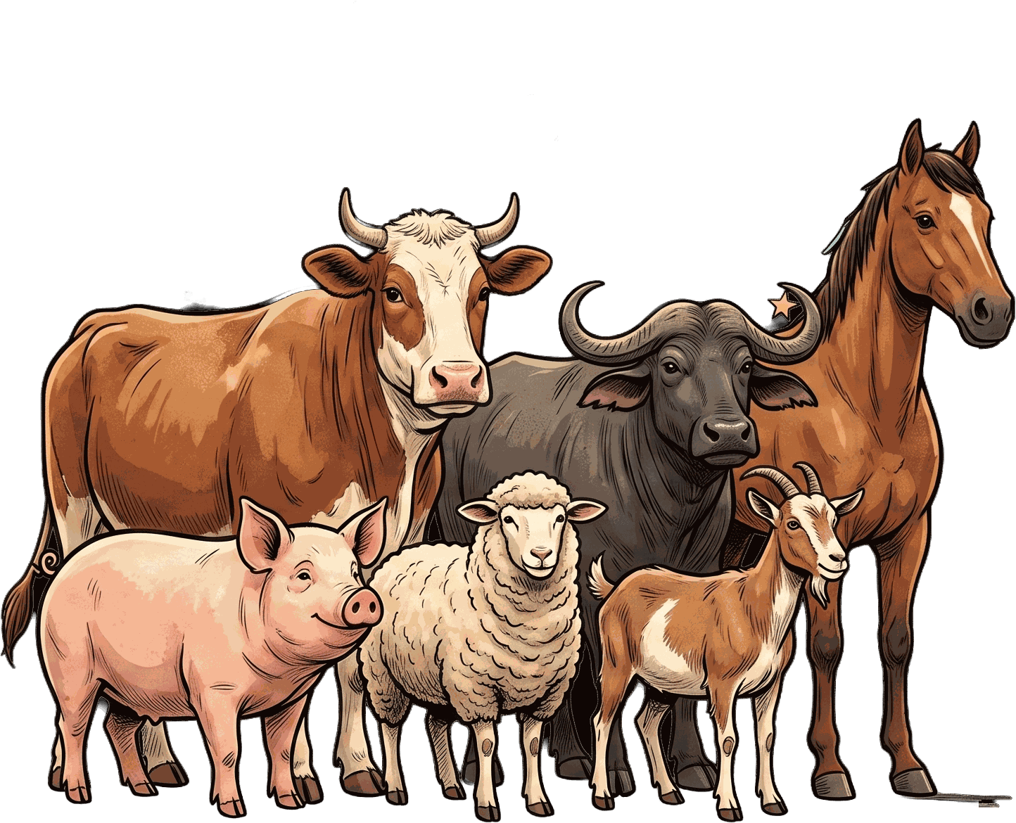 Ilustração de vaca, búfalo, cavalo, porco, ovelha e cabra lado a lado
