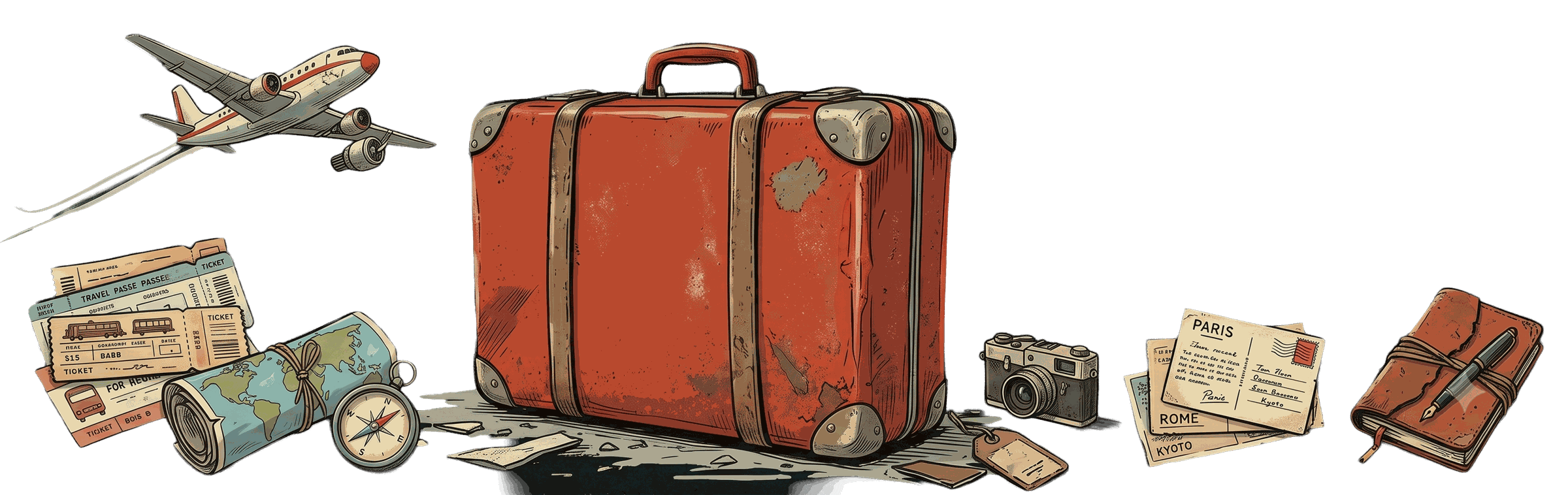 Ilustração de itens de viagem: mala vintage, avião, passagens, mapa, bússola, câmera e diário de viagem
