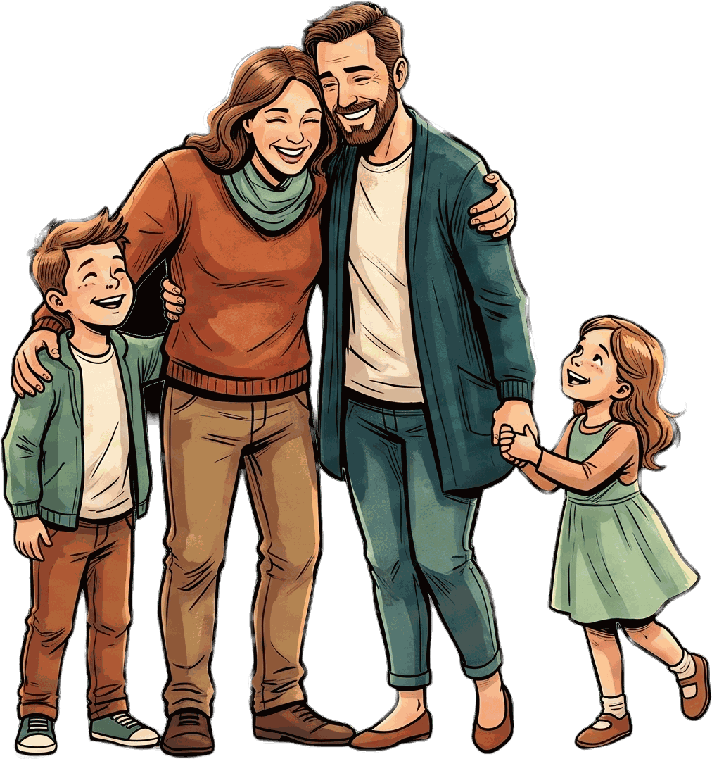 Ilustração de uma família sorrindo e se abraçando