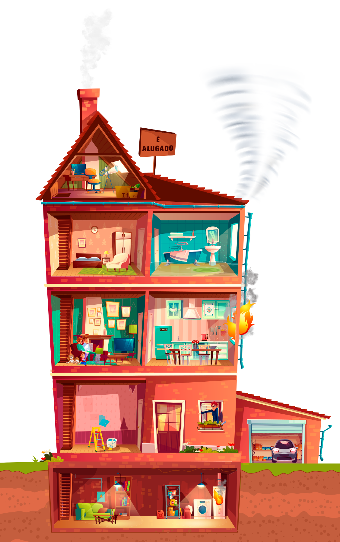 Ilustração de uma casa com pontos que mostram o que o seguro residencial cobre