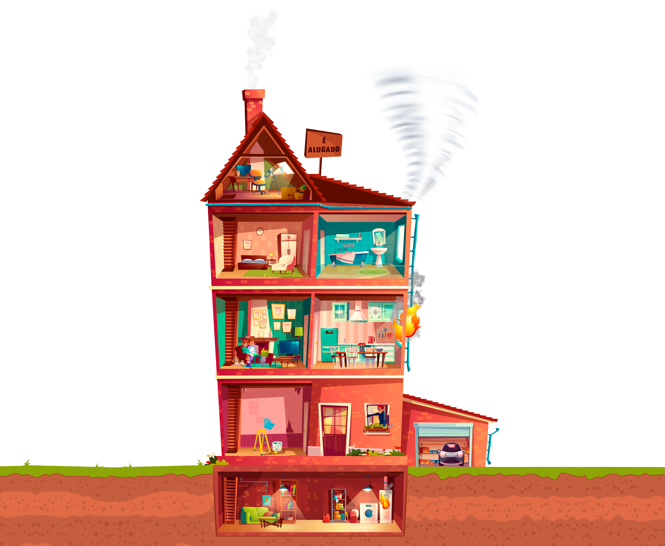 Ilustração de uma casa com pontos que mostram o que o seguro residencial cobre